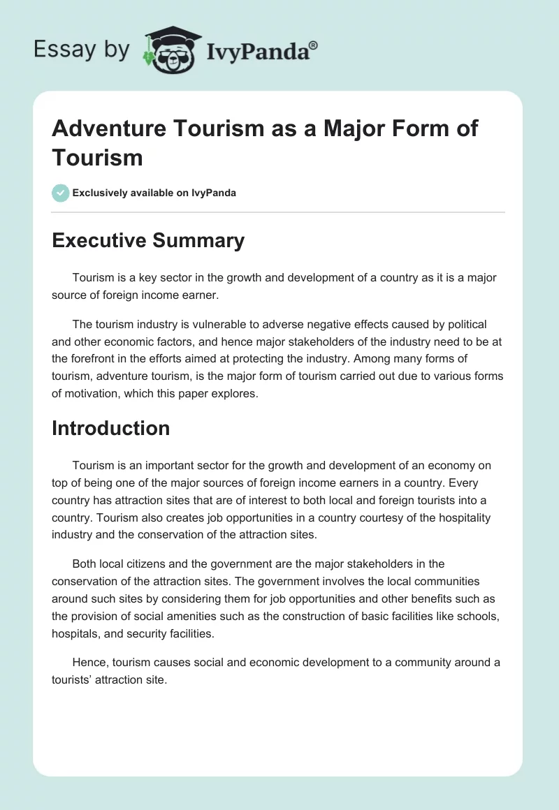 Adventure Tourism as a Major Form of Tourism. Page 1