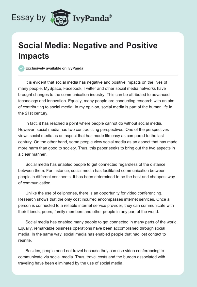 Social Media: Negative and Positive Impacts. Page 1