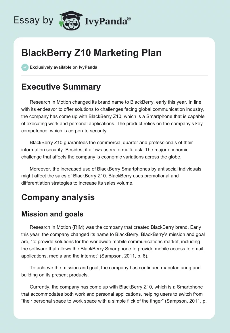 BlackBerry Z10 Marketing Plan. Page 1