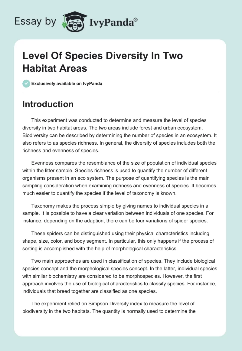 Level Of Species Diversity In Two Habitat Areas. Page 1