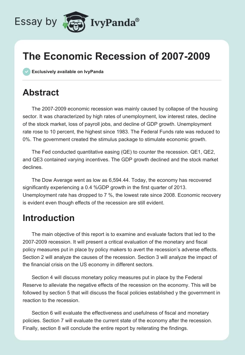 The Economic Recession of 2007-2009. Page 1