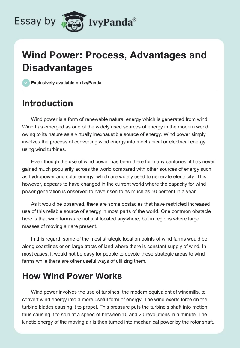 Wind Power: Process, Advantages and Disadvantages. Page 1