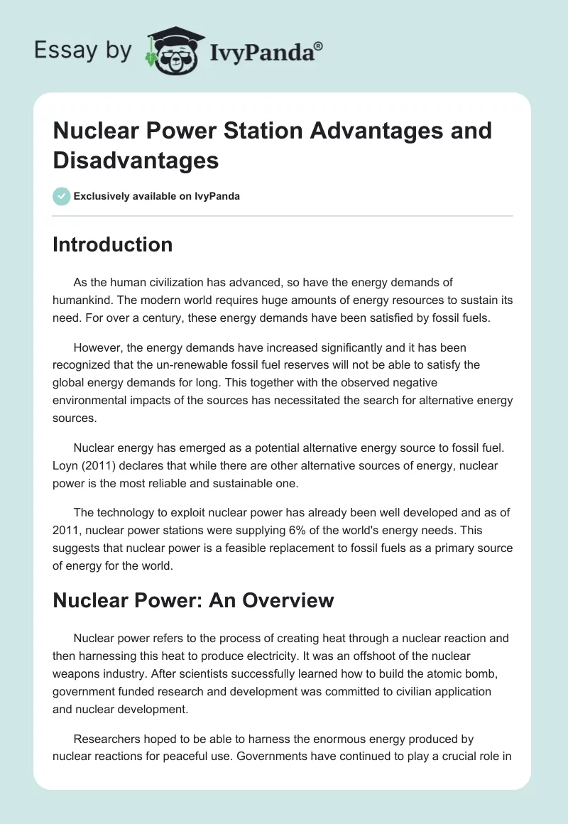 Nuclear Power Station Advantages and Disadvantages. Page 1