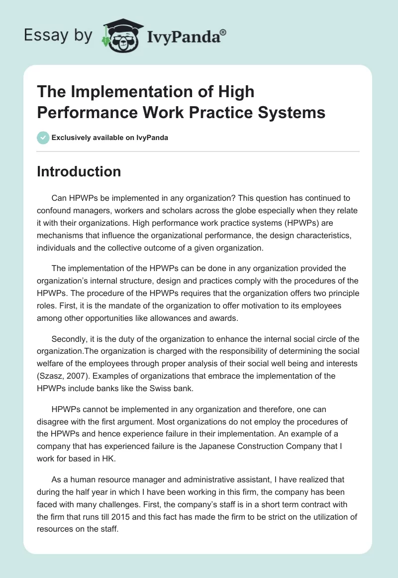 The Implementation of High Performance Work Practice Systems. Page 1