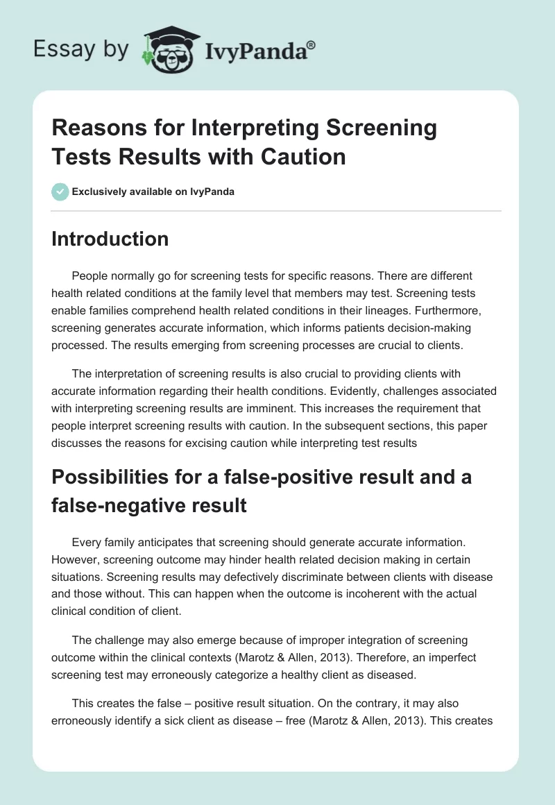 Reasons for Interpreting Screening Tests Results with Caution. Page 1