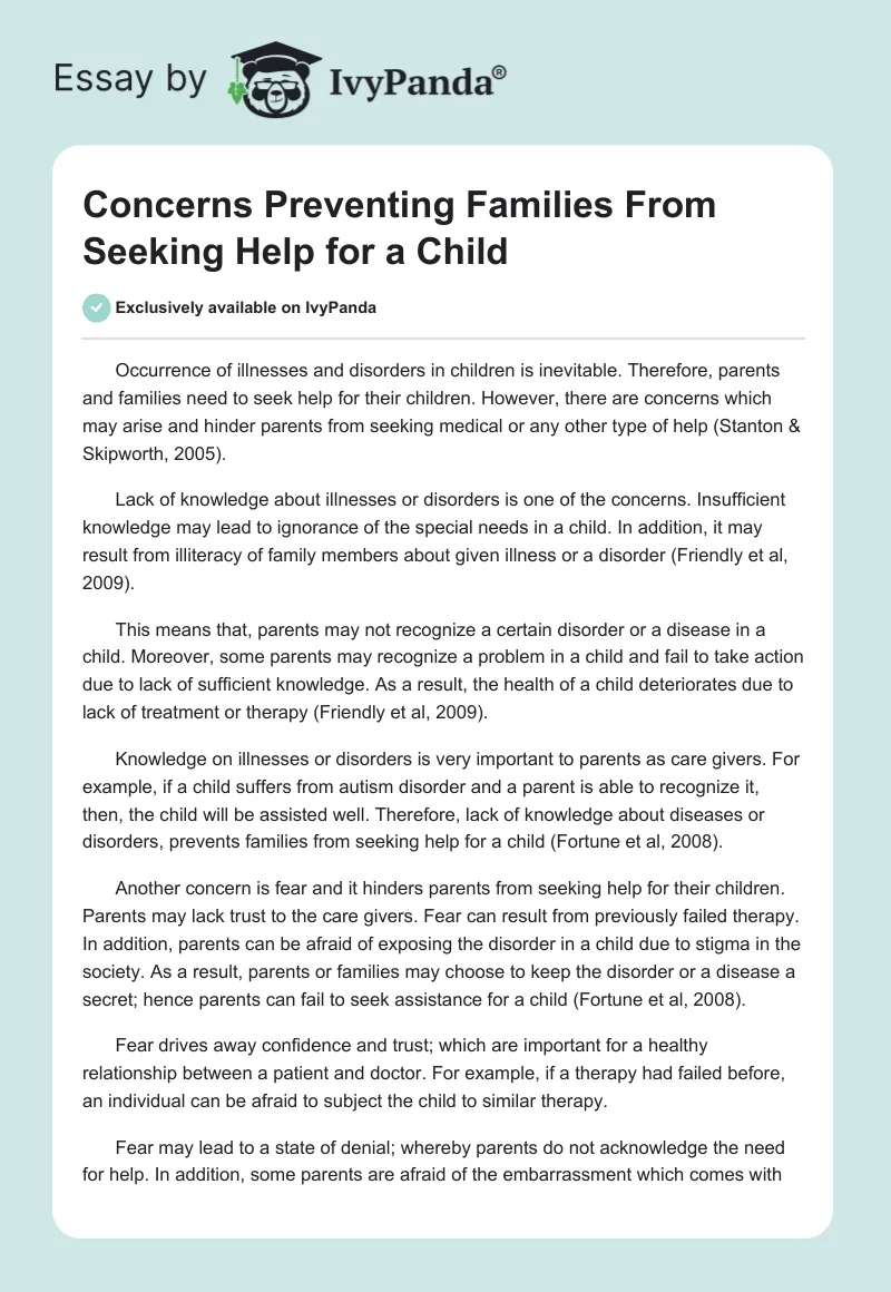 Concerns Preventing Families From Seeking Help for a Child. Page 1