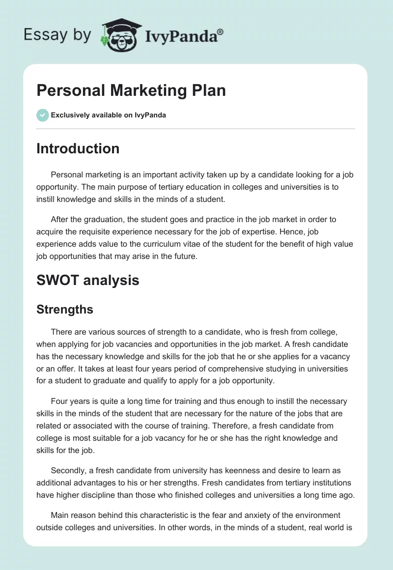 Personal Marketing Plan. Page 1