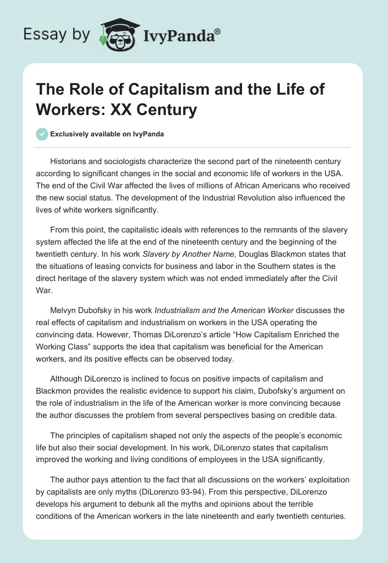 The Role of Capitalism and the Life of Workers: XX Century. Page 1