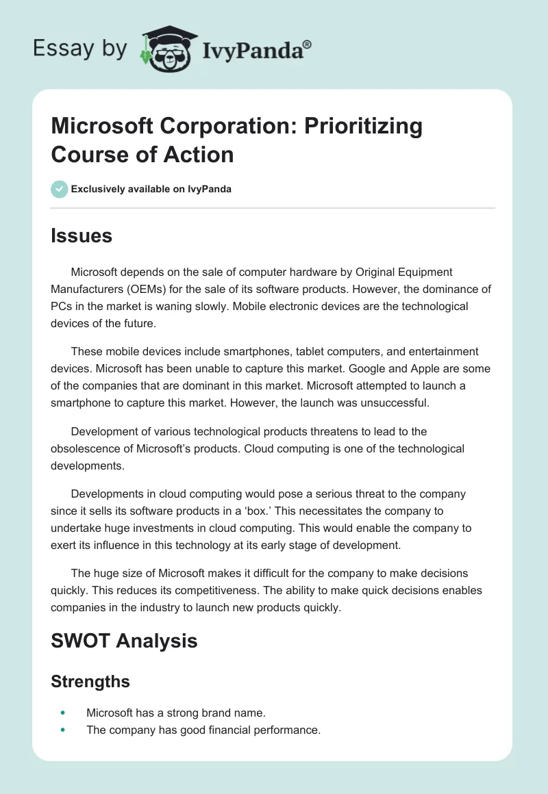 Microsoft Corporation: Prioritizing Course of Action. Page 1