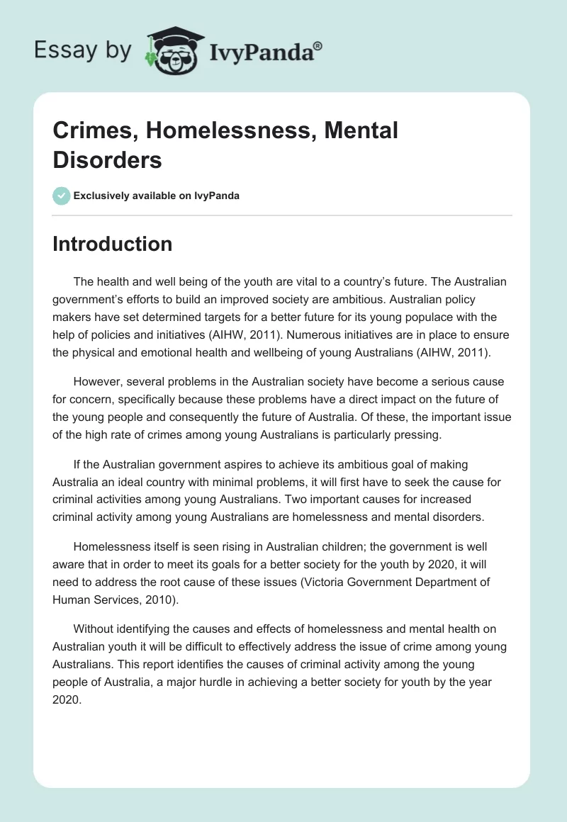 Crimes, Homelessness, Mental Disorders. Page 1