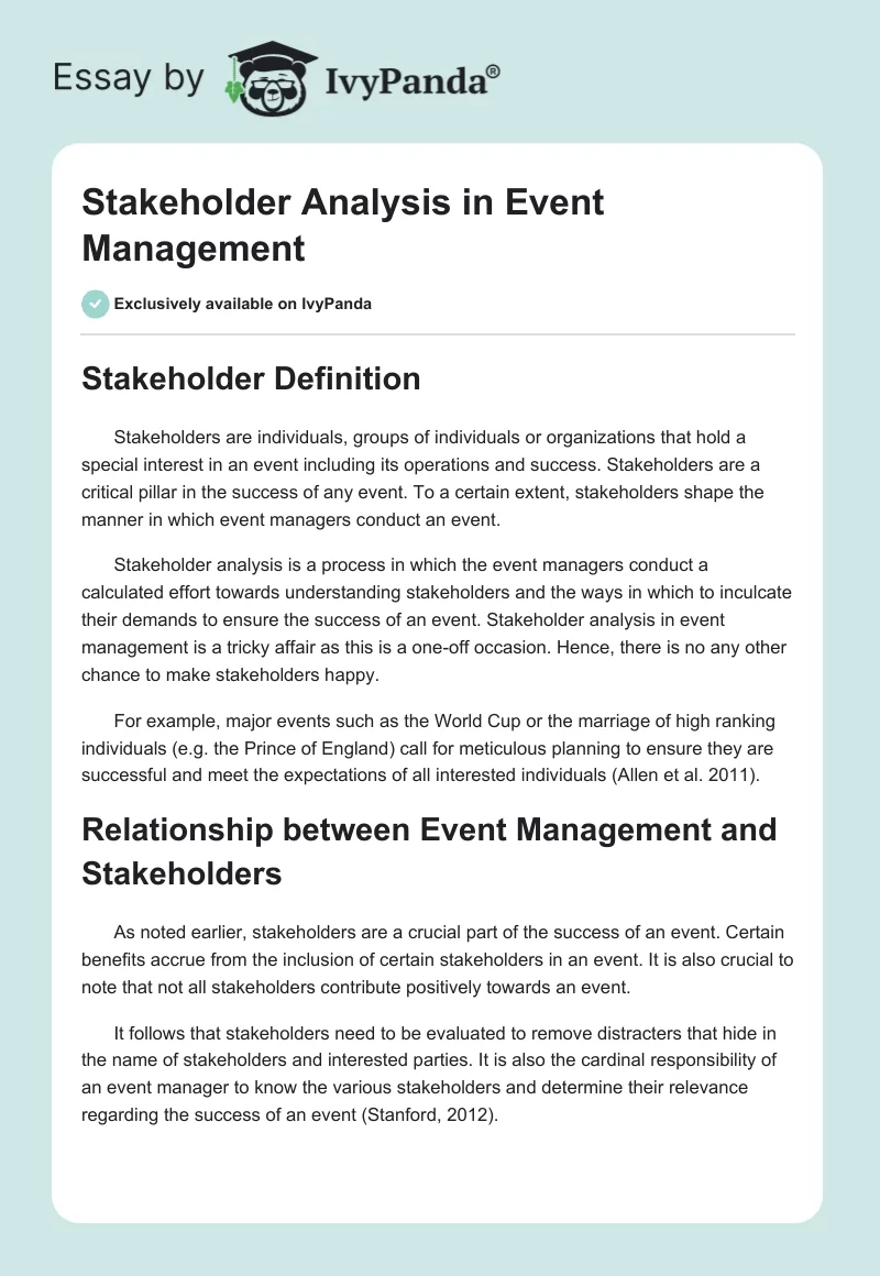 Stakeholders in Events’ Management Descriptive Essay. Page 1