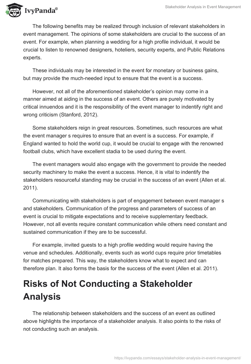 Stakeholders in Events’ Management Descriptive Essay. Page 2