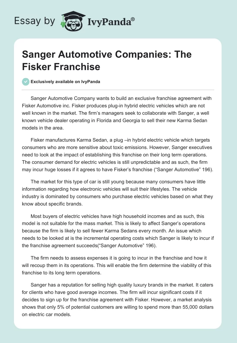 Sanger Automotive Companies: The Fisker Franchise. Page 1