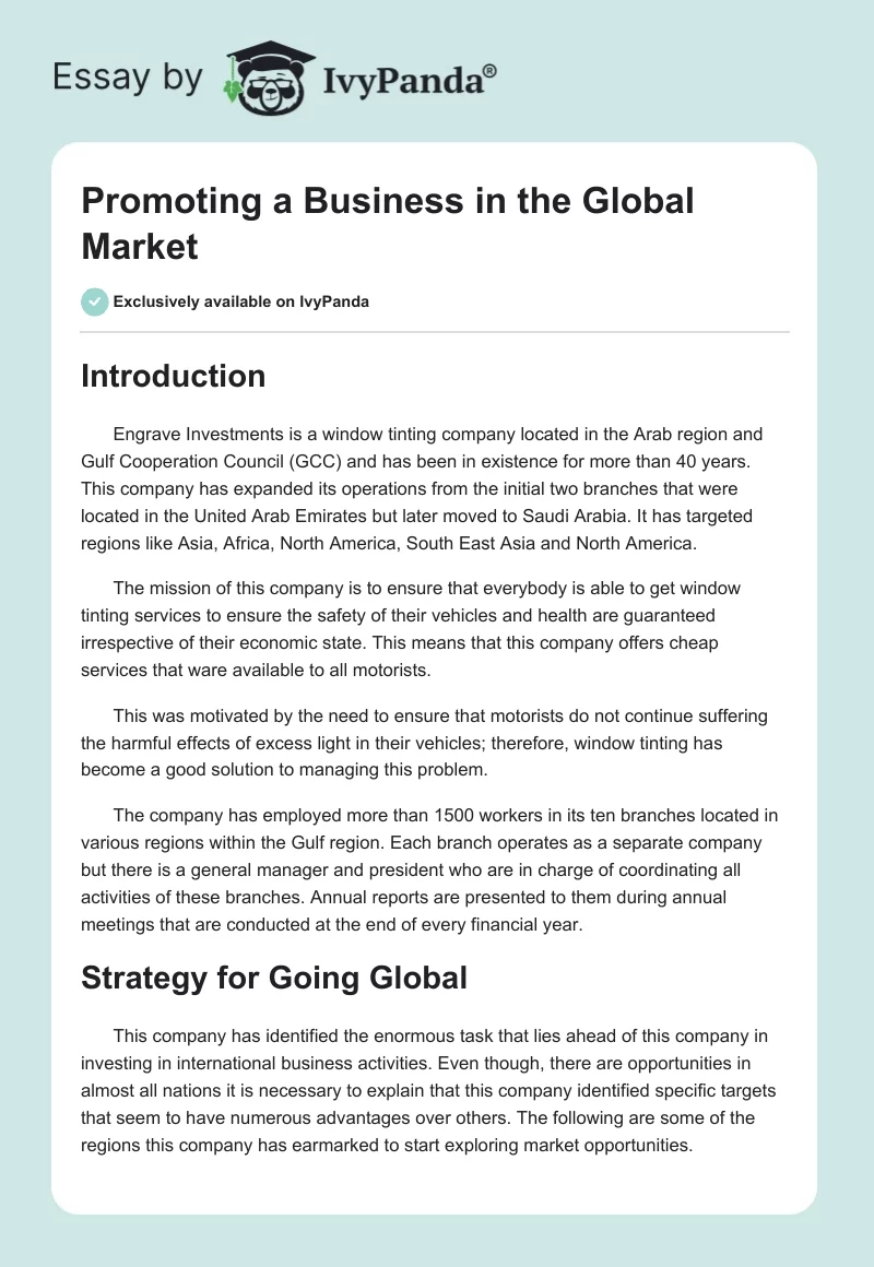 Promoting a Business in the Global Market. Page 1