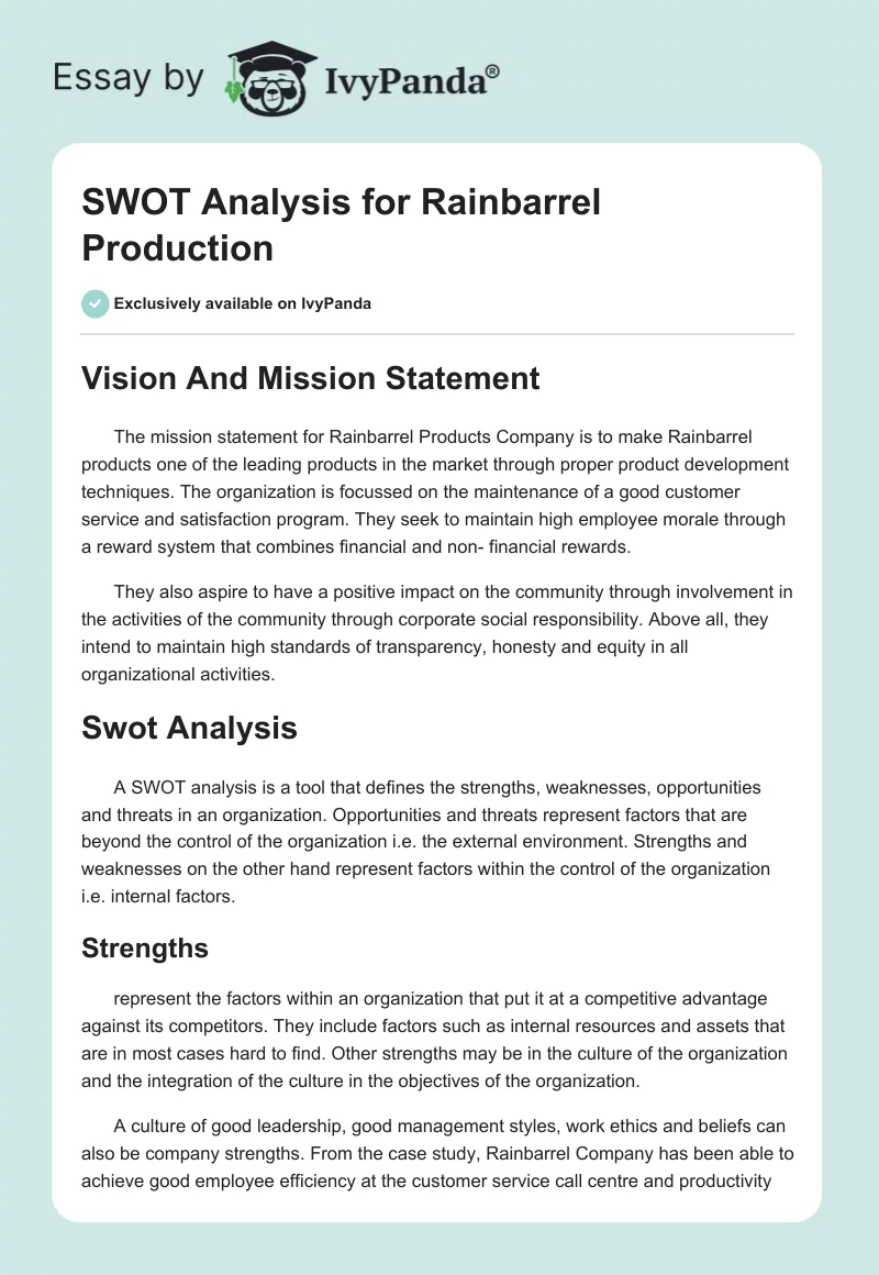 SWOT Analysis for Rainbarrel Production. Page 1