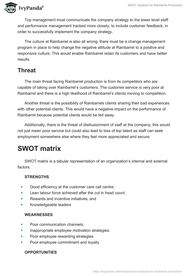 SWOT Analysis for Rainbarrel Production. Page 3