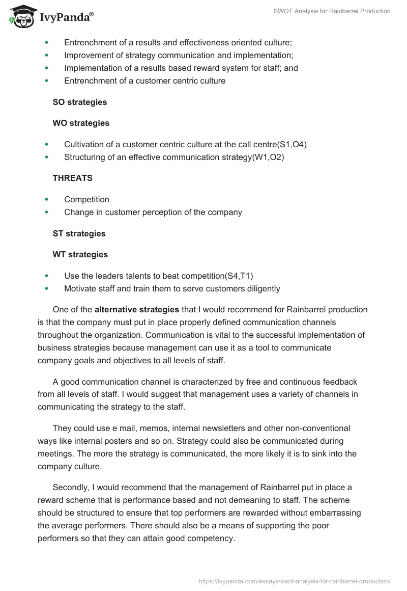 SWOT Analysis for Rainbarrel Production. Page 4