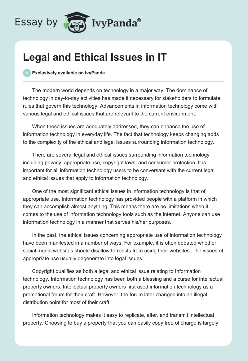 Legal and Ethical Issues in IT. Page 1