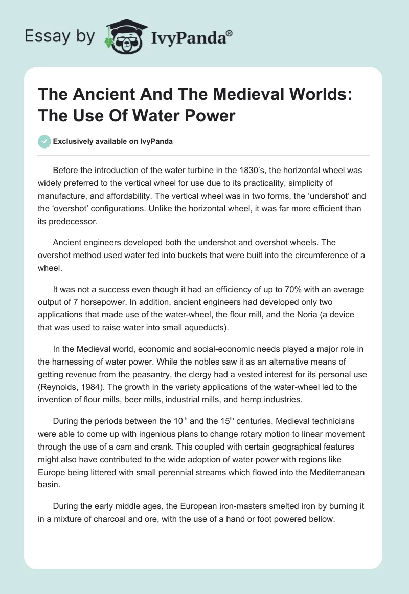 The Ancient and the Medieval Worlds: The Use of Water Power. Page 1