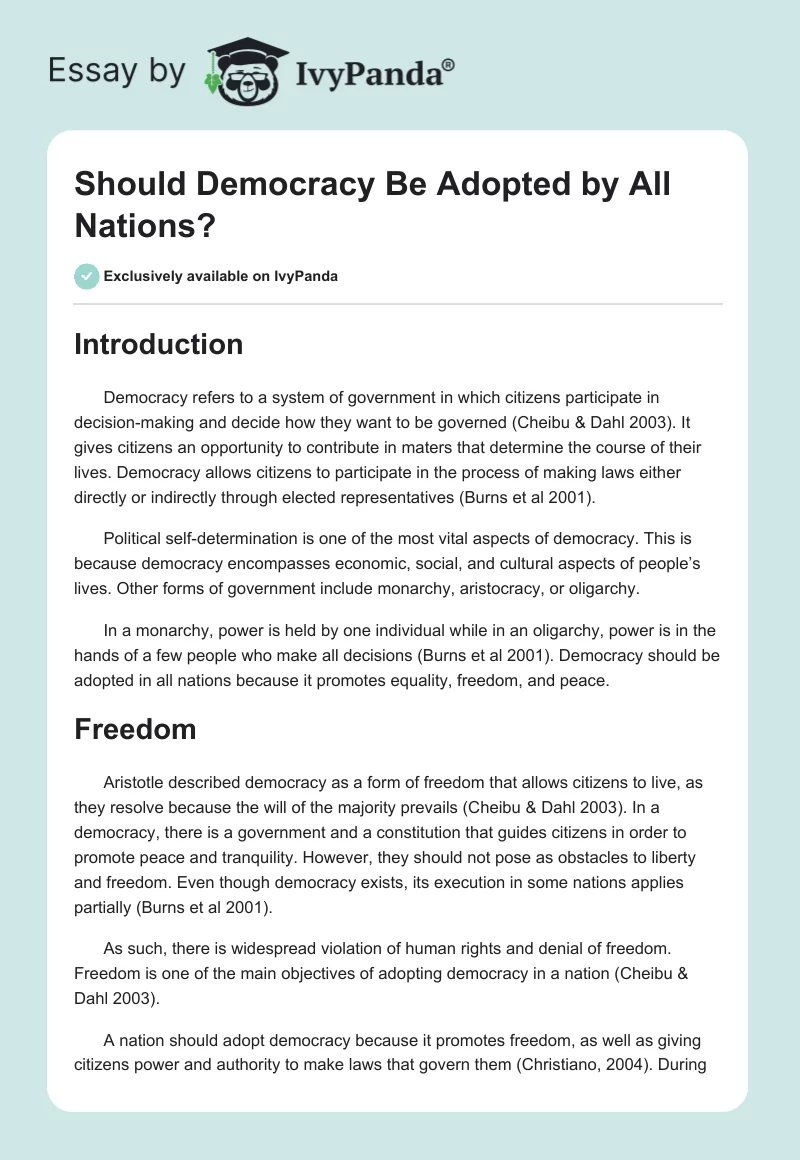 Should Democracy Be Adopted by All Nations?. Page 1