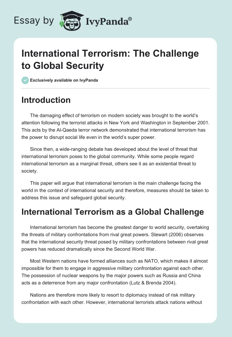 International Terrorism: The Challenge to Global Security. Page 1