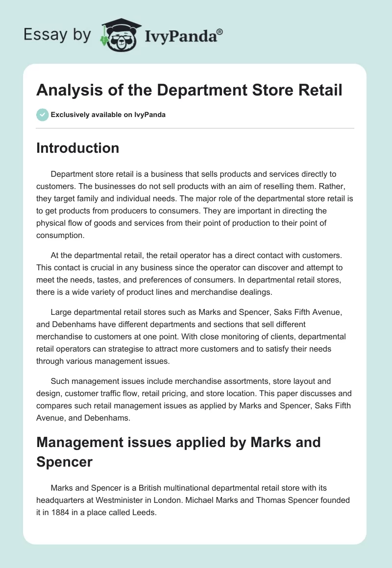 Analysis of the Department Store Retail. Page 1