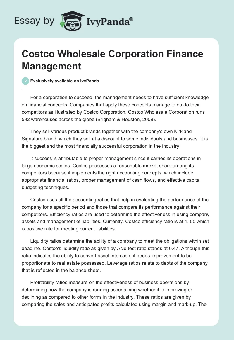 Costco Wholesale Corporation Finance Management. Page 1