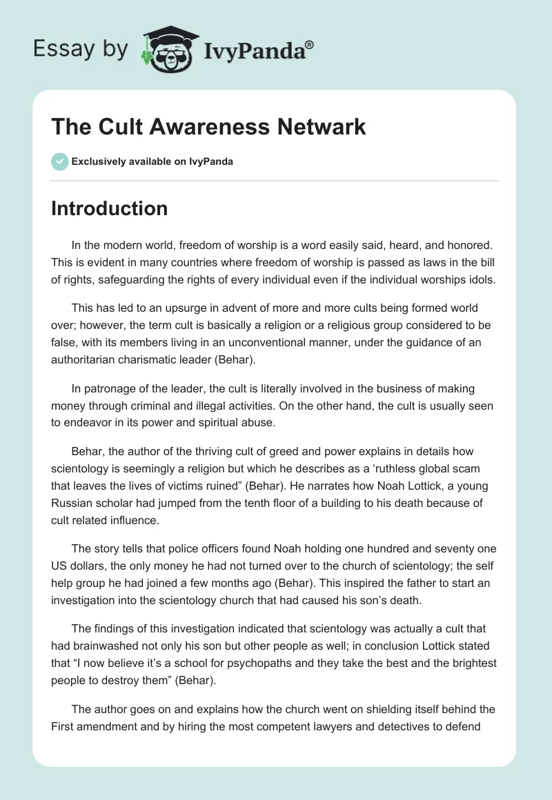 The Cult Awareness Netwark. Page 1