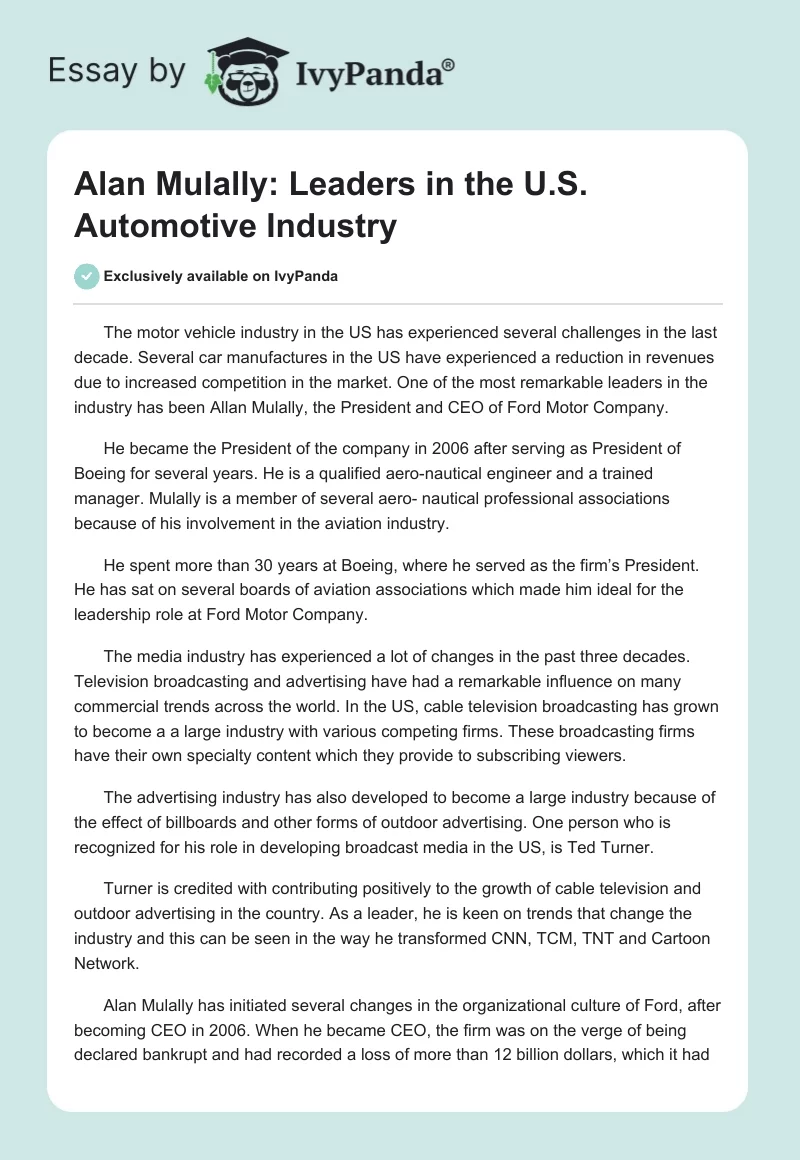 Alan Mulally: Leaders in the U.S. Automotive Industry. Page 1