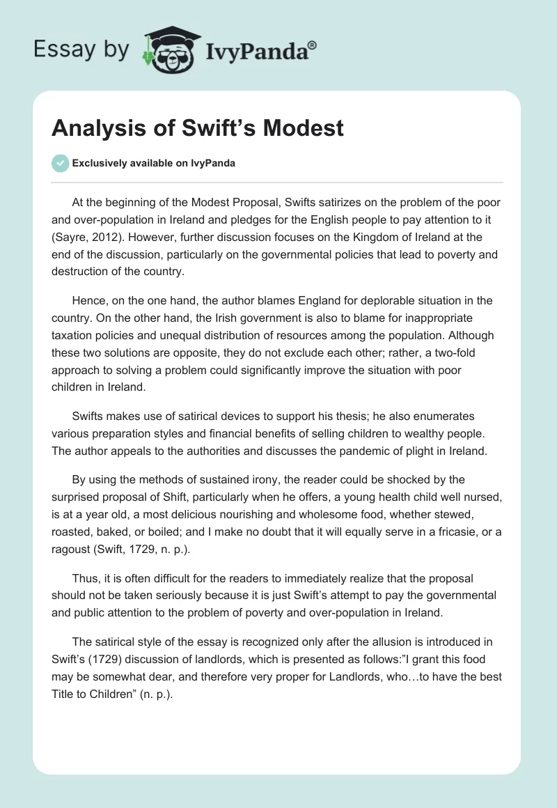analysis of a modest proposal by jonathan swift essay