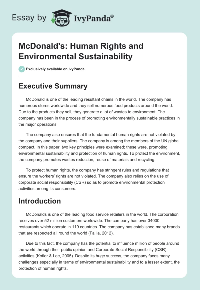 McDonald's: Human Rights and Environmental Sustainability. Page 1
