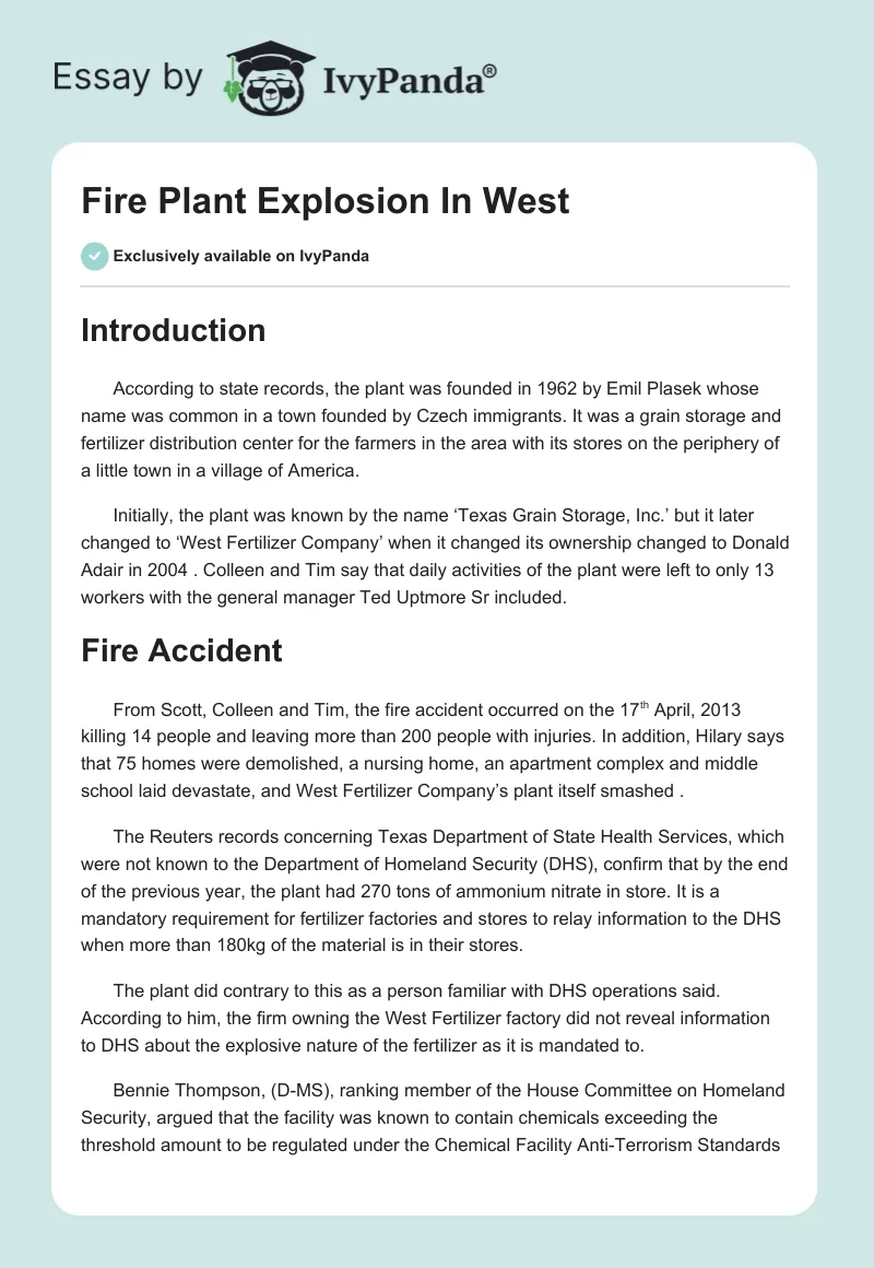 Fire Plant Explosion In West. Page 1