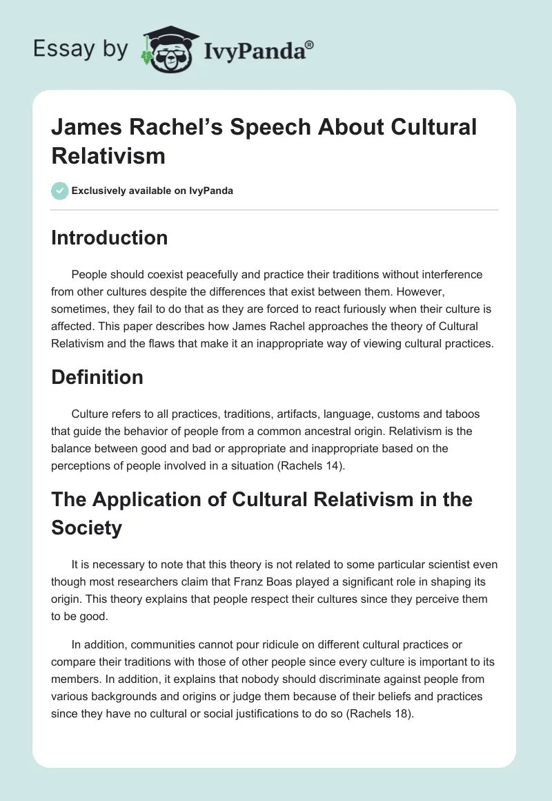 James Rachel’s Speech About Cultural Relativism. Page 1
