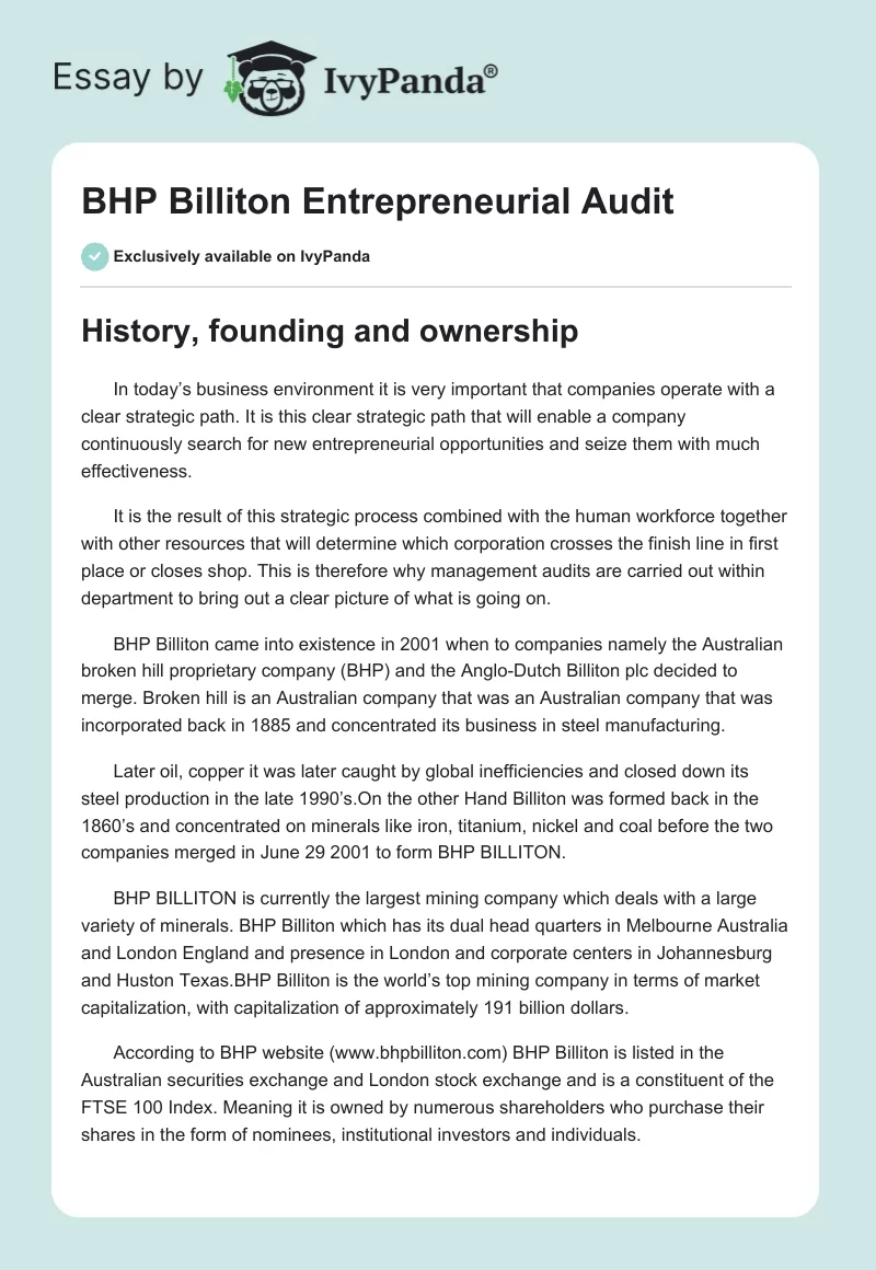 BHP Billiton Entrepreneurial Audit. Page 1