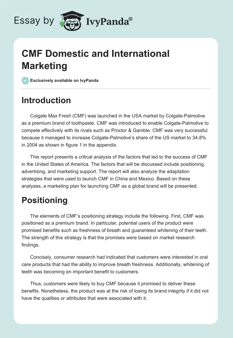 CMF Domestic and International Marketing. Page 1
