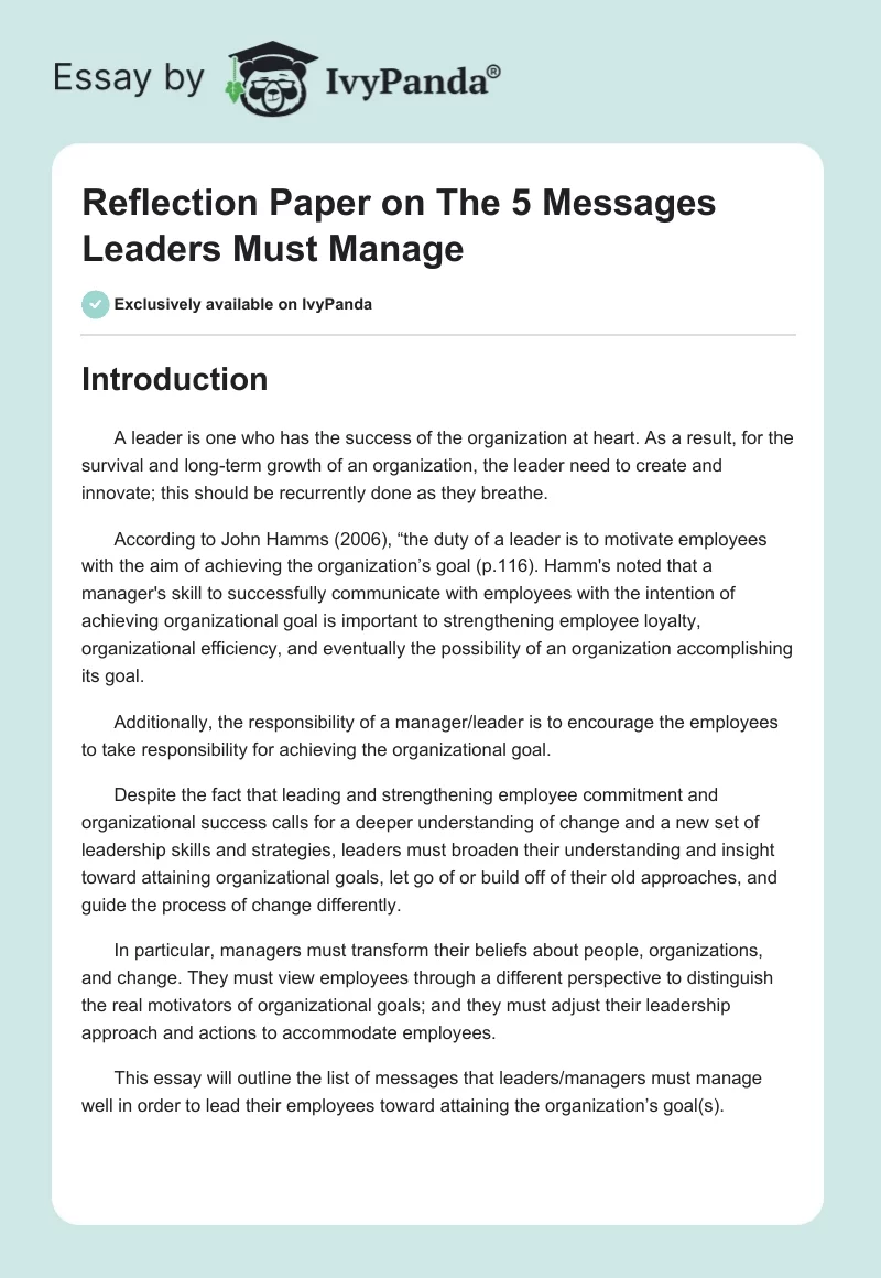 Reflection Paper on "The 5 Messages Leaders Must Manage". Page 1