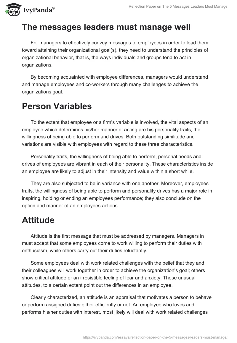 Reflection Paper on "The 5 Messages Leaders Must Manage". Page 2