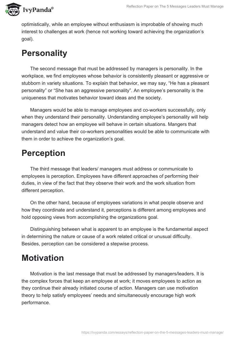 Reflection Paper on "The 5 Messages Leaders Must Manage". Page 3