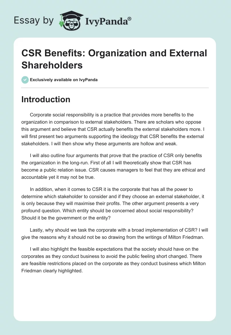 CSR Benefits: Organization and External Shareholders. Page 1