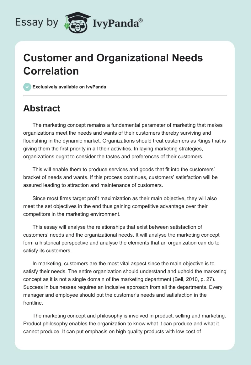 Customer and Organizational Needs Correlation. Page 1