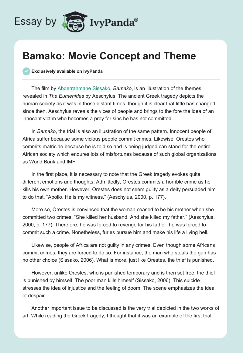 Bamako: Movie Concept and Theme. Page 1