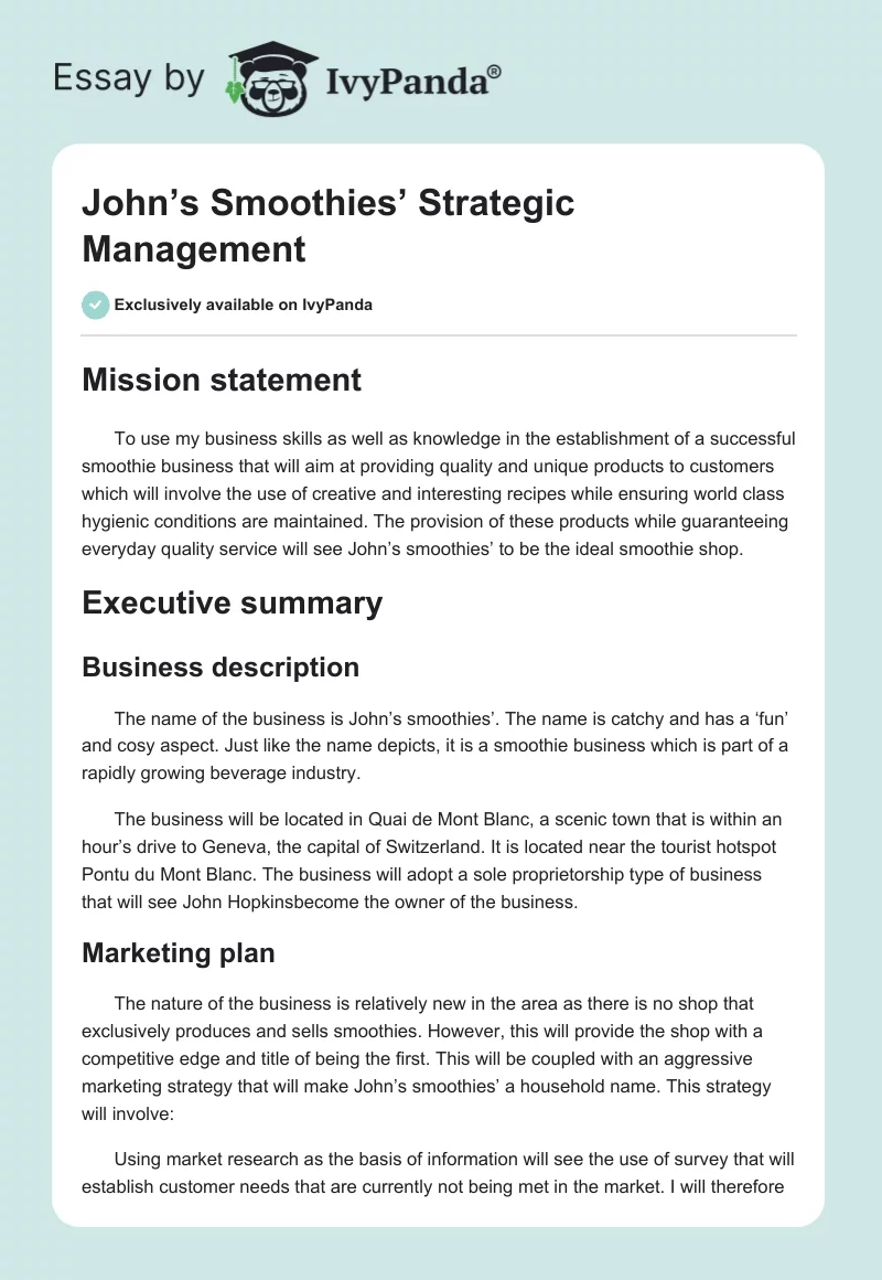 John’s Smoothies’ Strategic Management. Page 1