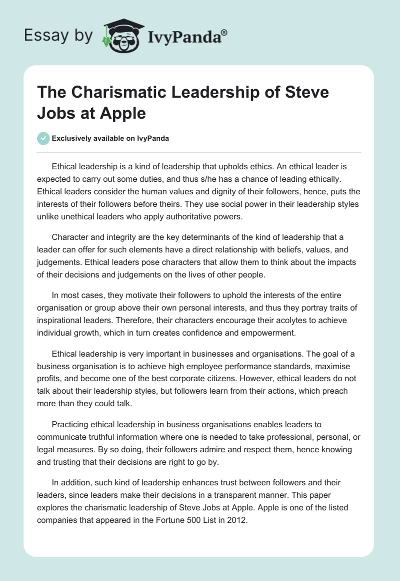 The Charismatic Leadership of Steve Jobs at Apple. Page 1