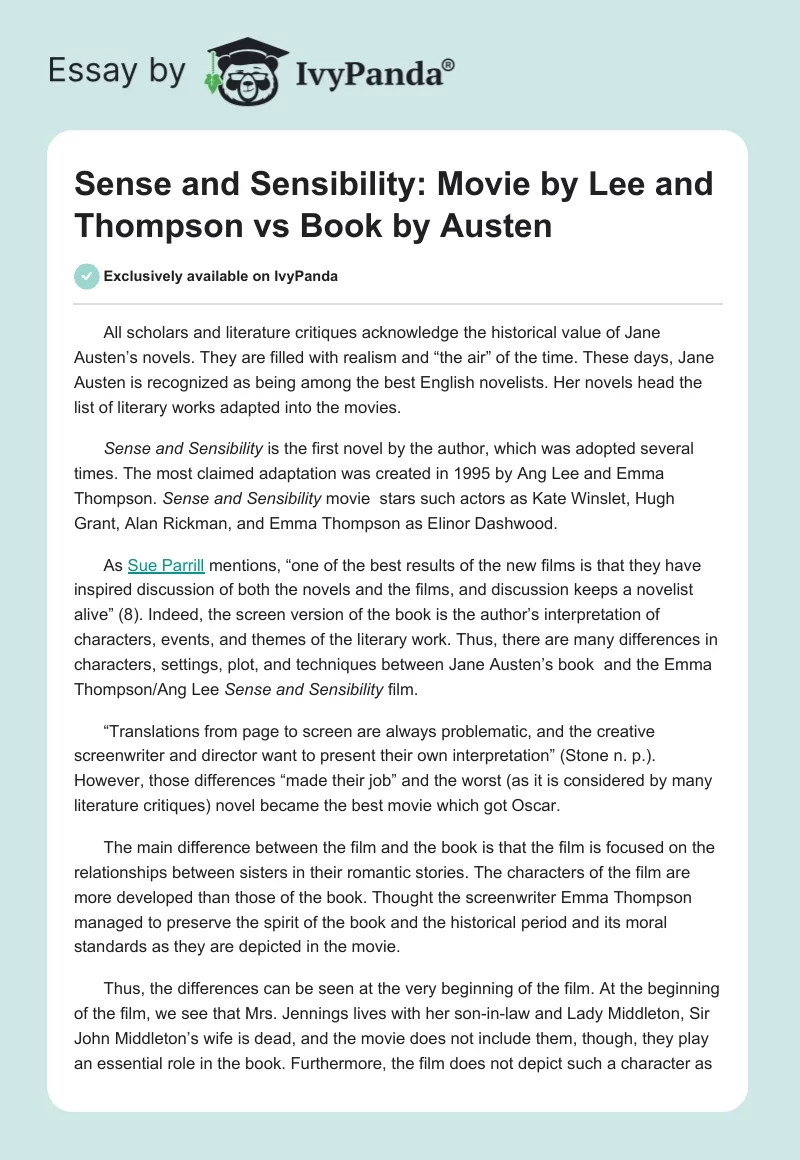 Sense and Sensibility: Movie by Lee and Thompson vs. Book by Austen. Page 1