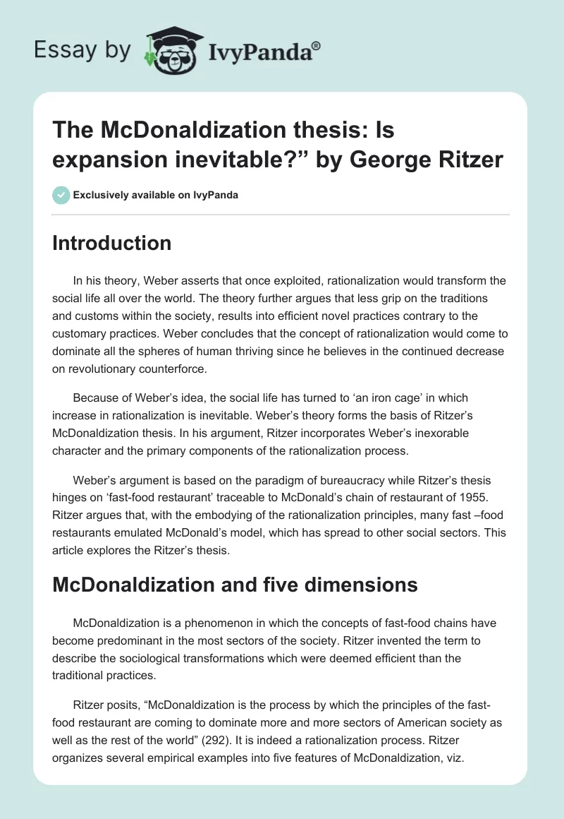 "The McDonaldization thesis: Is expansion inevitable?” by George Ritzer. Page 1