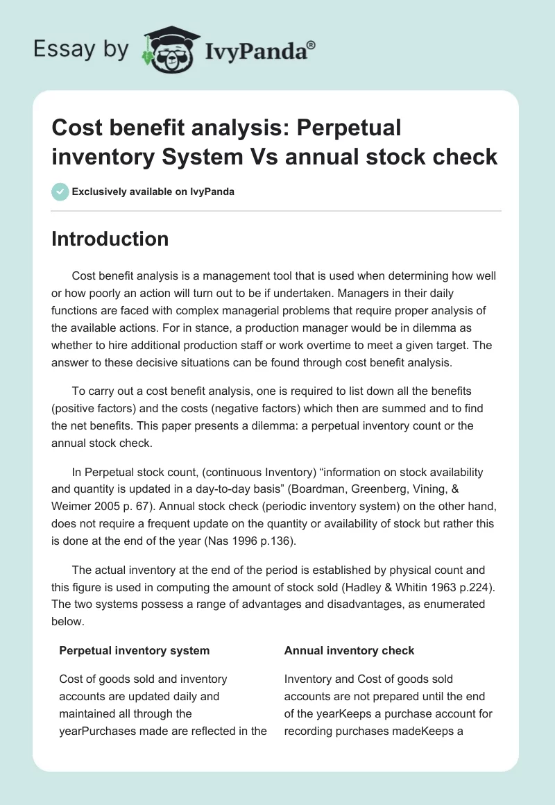Cost benefit analysis: Perpetual inventory System Vs annual stock check. Page 1