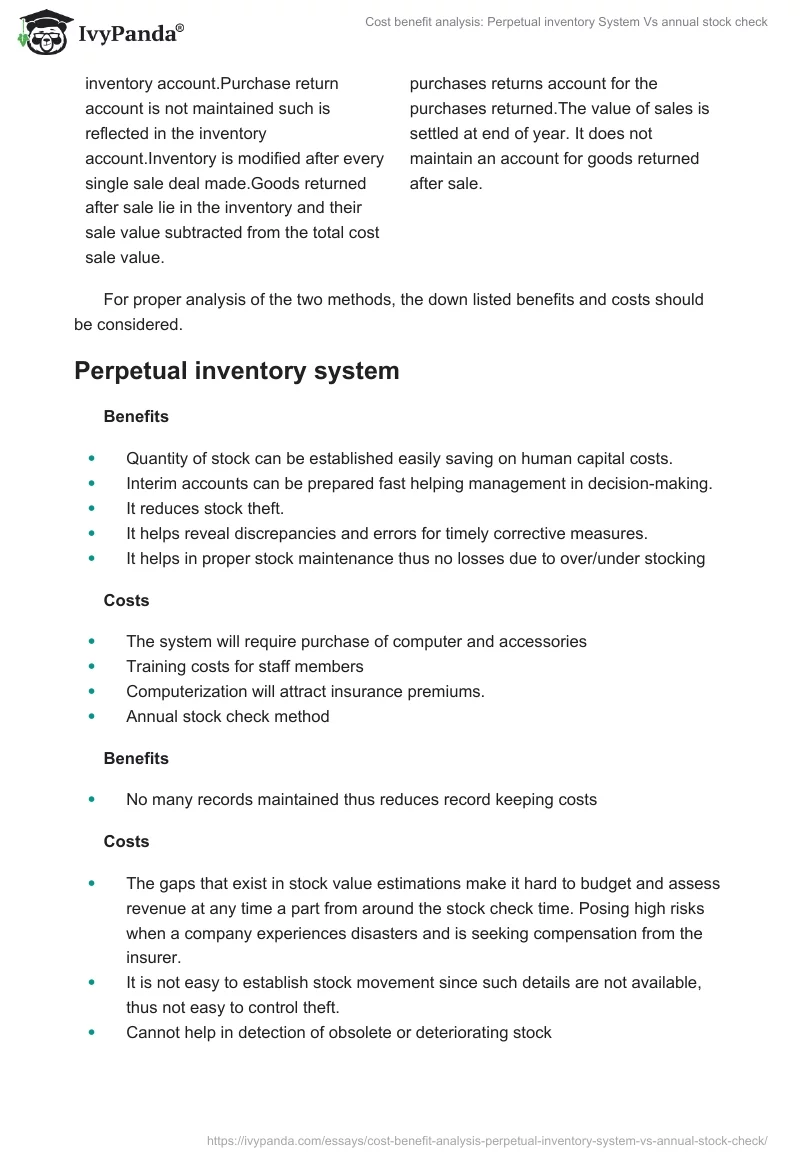 Cost benefit analysis: Perpetual inventory System Vs annual stock check. Page 2