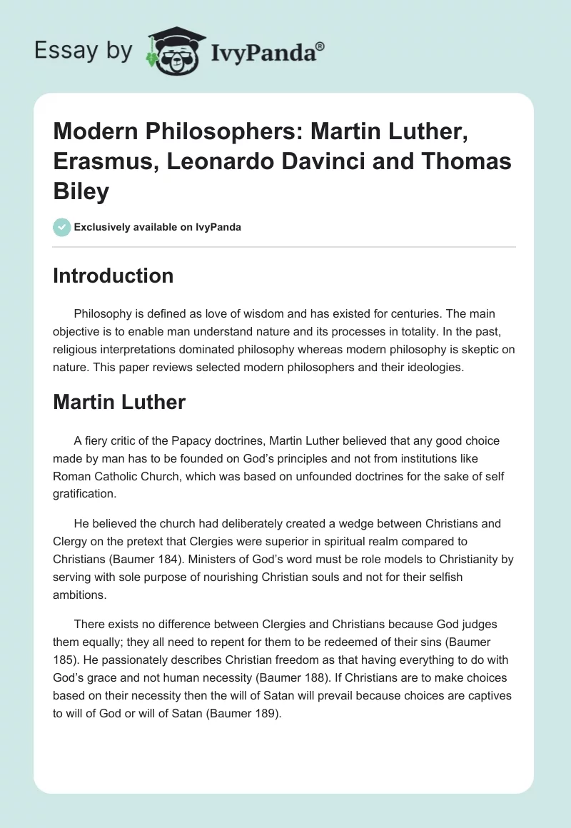 Modern Philosophers: Martin Luther, Erasmus, Leonardo Davinci and Thomas Biley. Page 1