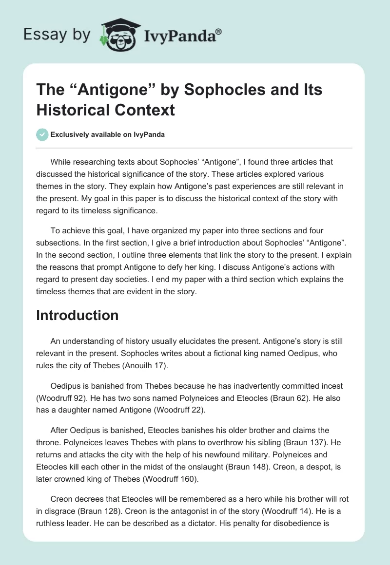 The “Antigone” by Sophocles and Its Historical Context. Page 1