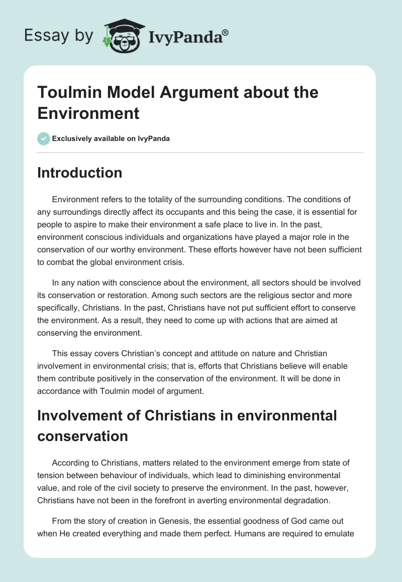 Toulmin Model Argument About the Environment. Page 1